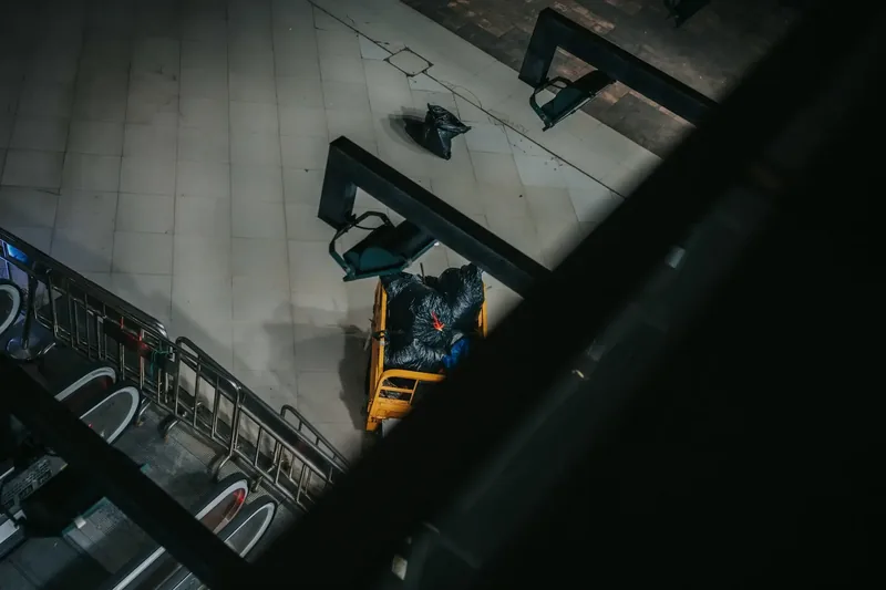 Aerial view of an escalator and servicing area in a large managed building