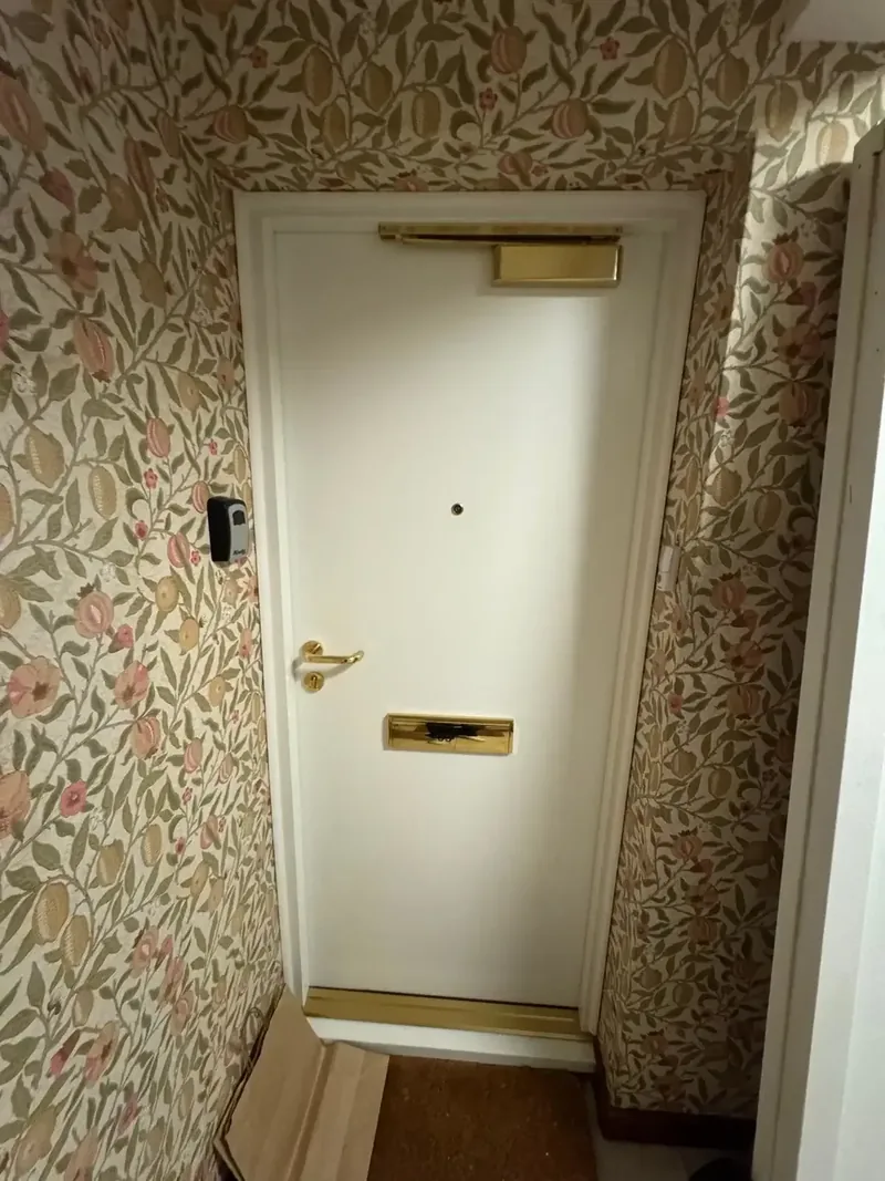 Replacement flat entrance fire door fitted with overhead closer